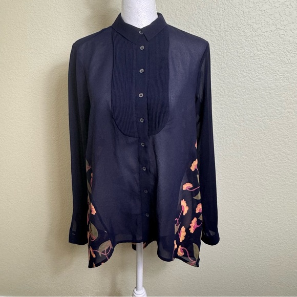 Maeve Anthropologie Blue Sheer Floral Hi Lo‎ Long Sleeve Blouse Size 2 Button - Picture 1 of 6